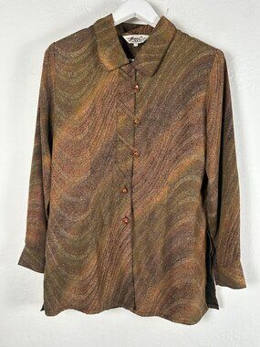 Vintage Juntis Womens Button-Up Shirt Swirl Print Brown Gold Size 15 Long Sleeve